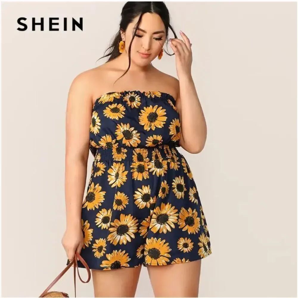 SHEIN Women’s Bohemian Navy Blue Sunflowers Print Romper Open Shoulder Size XL